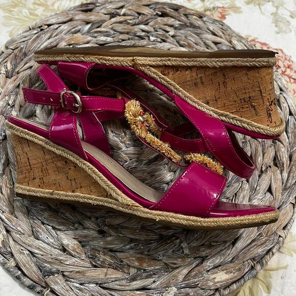 Etienne Aigner Pink Patent Leather Flower Embellished Espadrille Wedge Sandals 8 - Picture 10 of 13